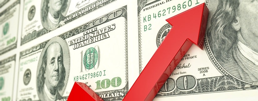 Flèche rouge croissante et billet dollar