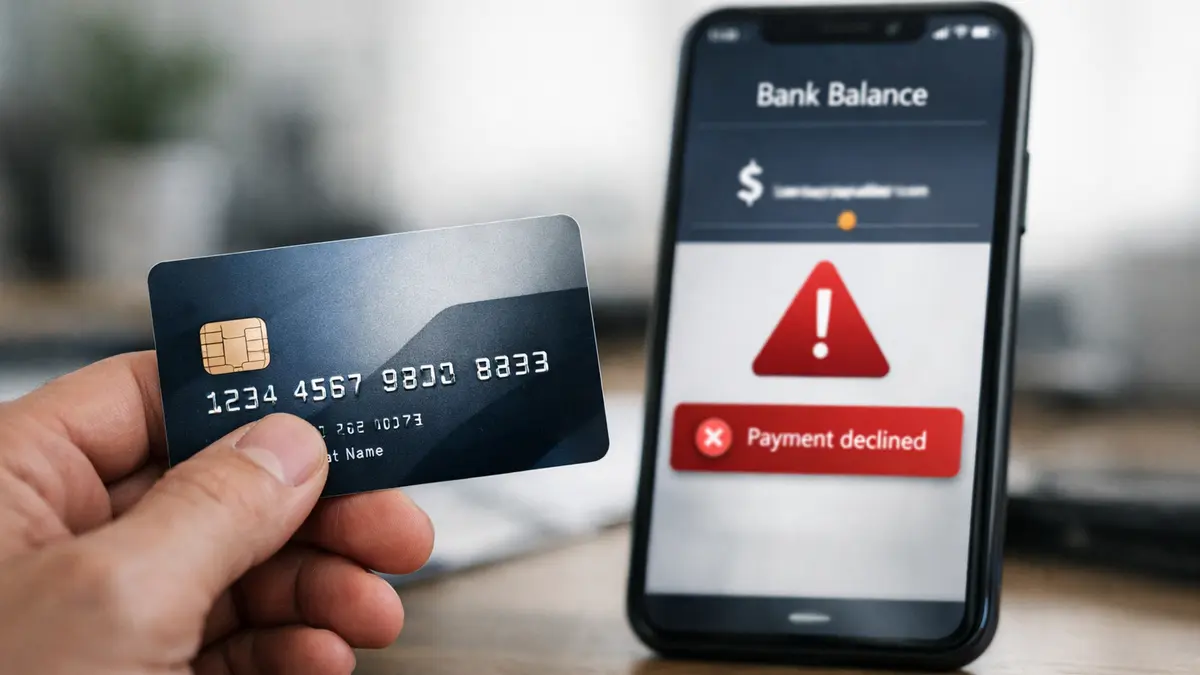 Carte bancaire et smartphone indiquant un solde insuffisant