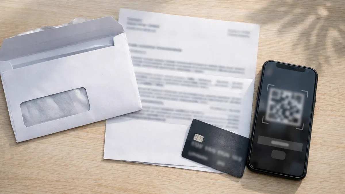 Enveloppe avec faux courrier bancaire, carte factice et smartphone