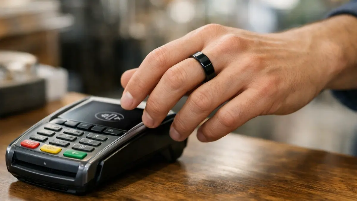 Main portant une bague connectée payant sans contact sur un terminal