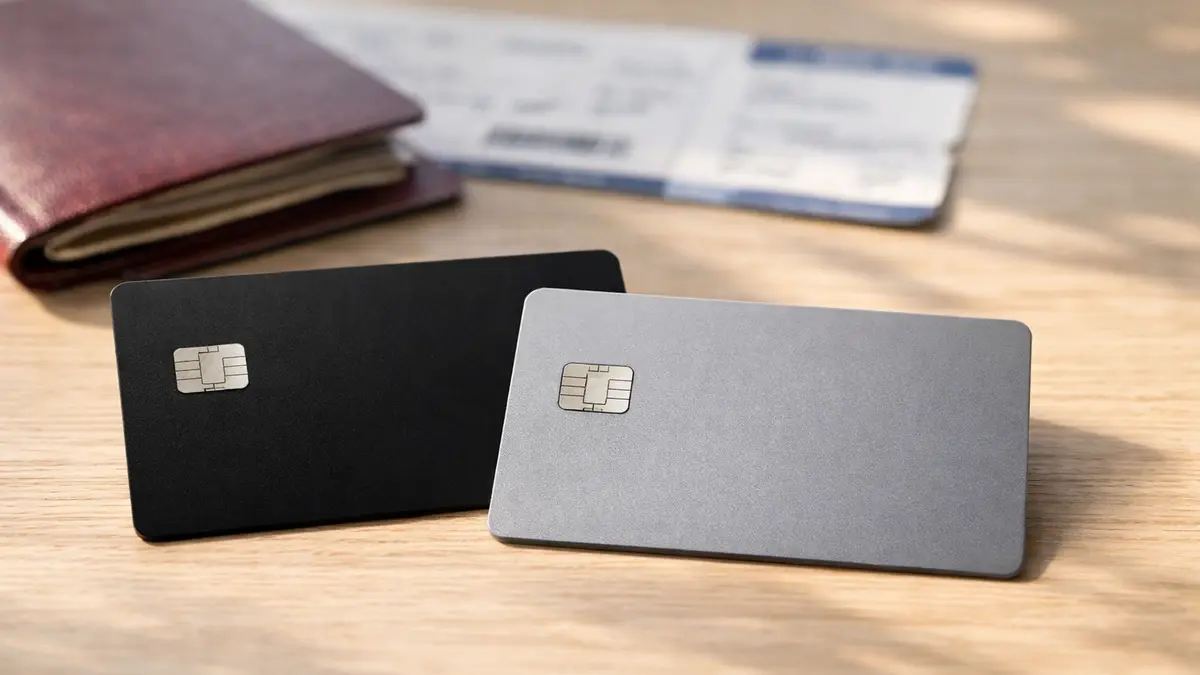 Deux cartes bancaires premium posées près d’un passeport