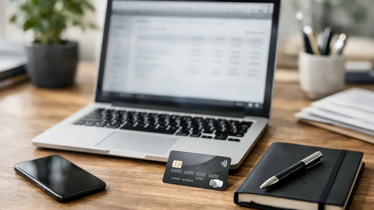 Bureau d’un indépendant avec ordinateur et carte bancaire pro