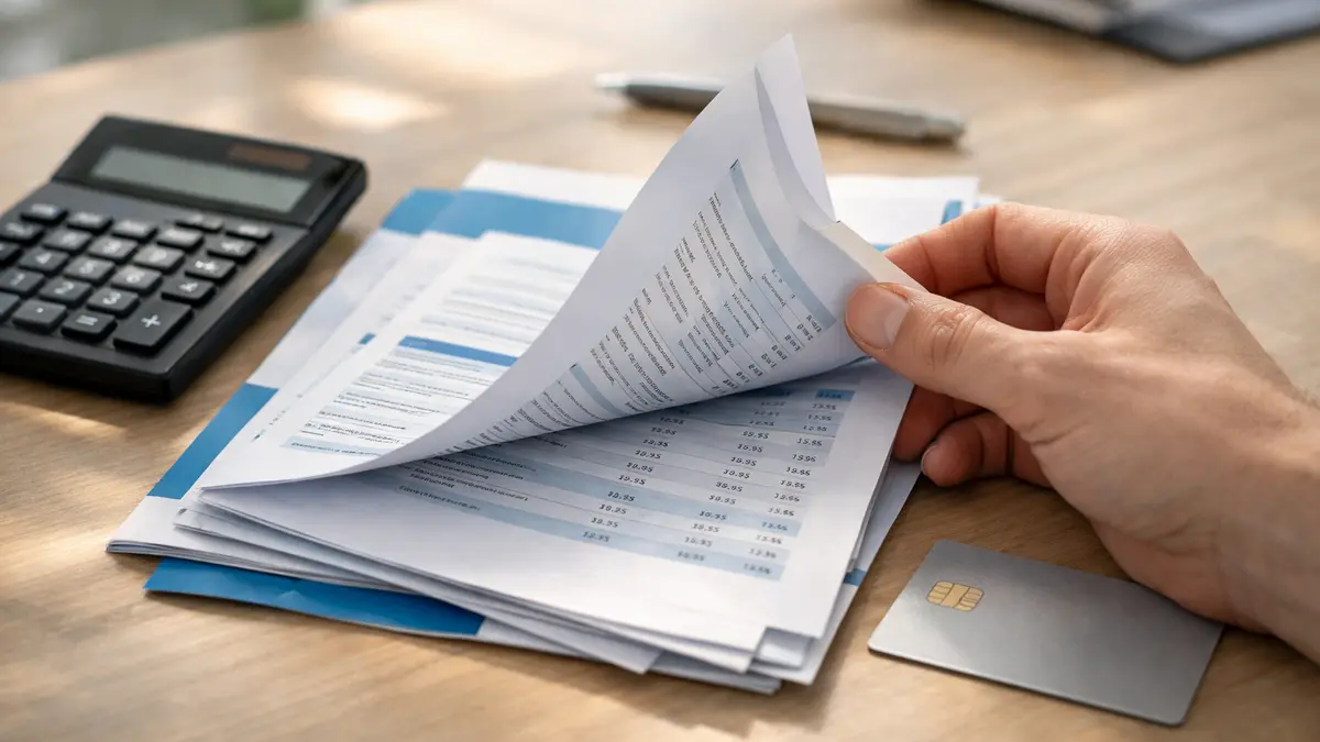 Brochures tarifaires bancaires et calculatrice sur un bureau