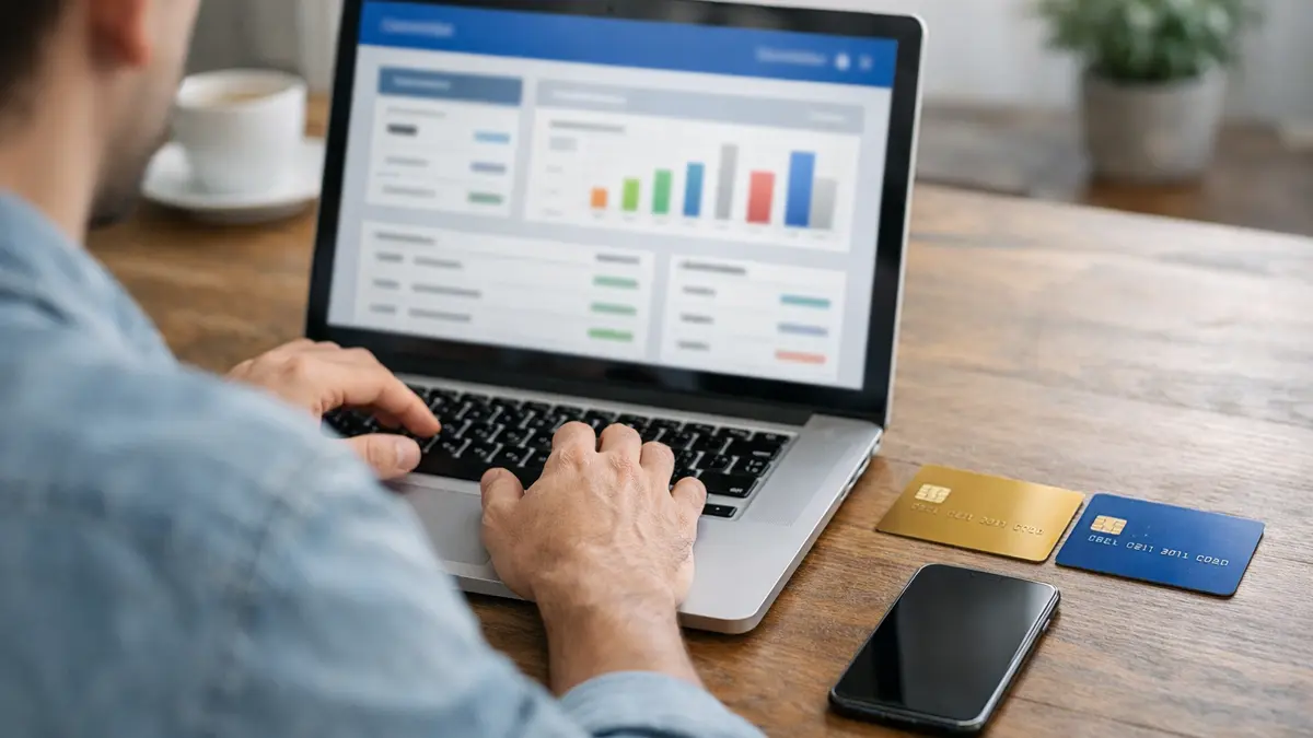 Deux cartes bancaires et un ordinateur sur une table