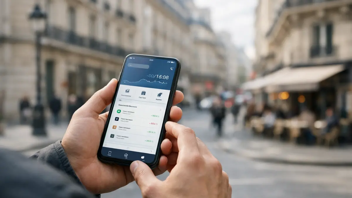 Smartphone avec application bancaire et fond parisien flou