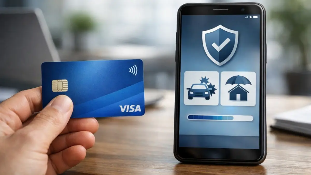 Carte bancaire et smartphone montrant des options d’assurance