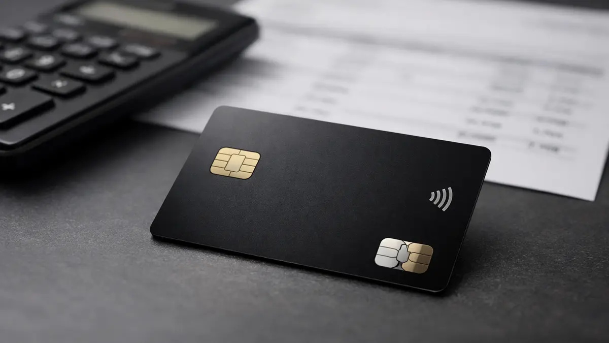 Carte bancaire premium et calculatrice sur un bureau