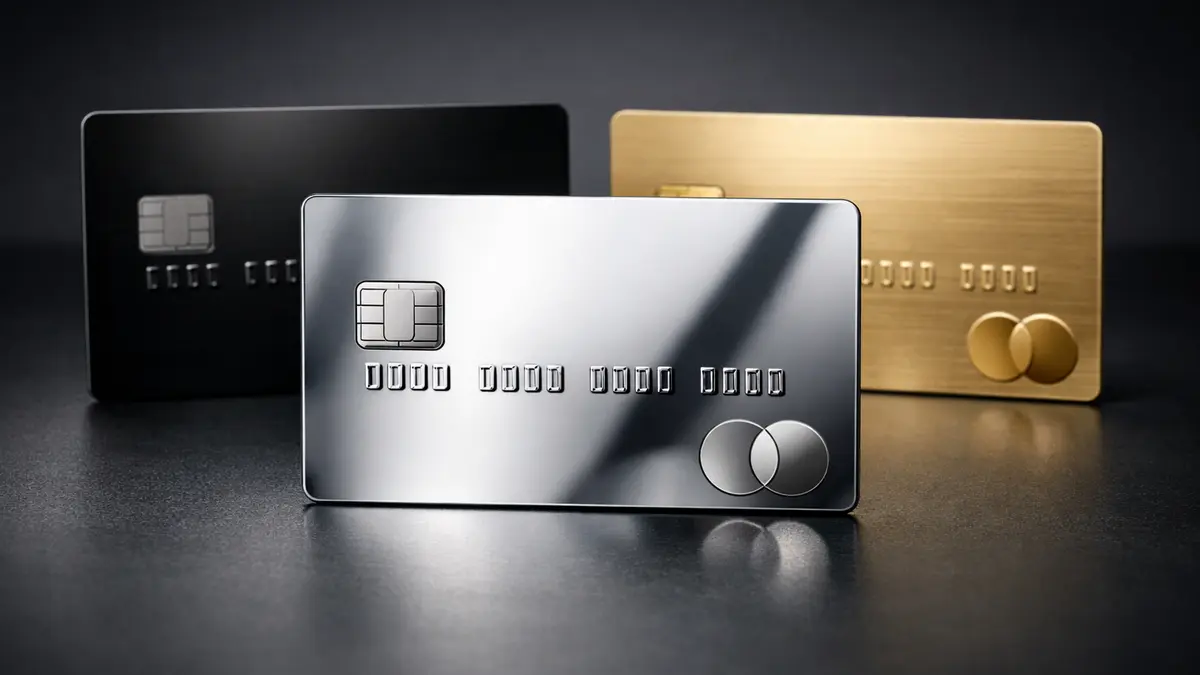 Deux cartes bancaires en métal, noire et dorée, en studio