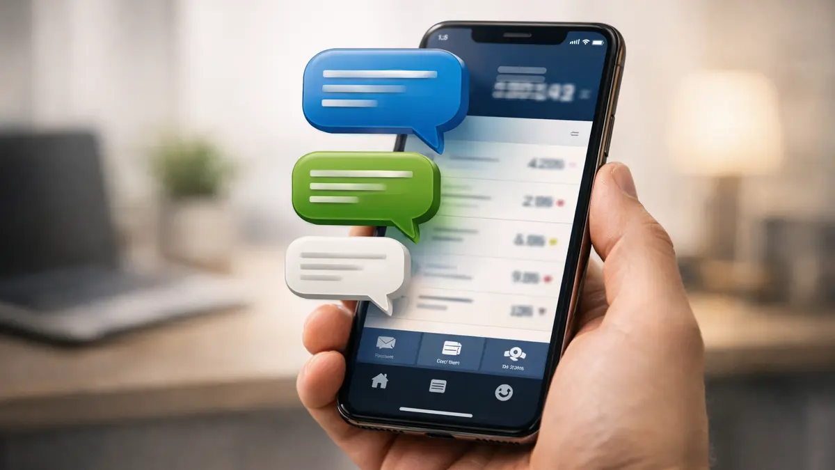 Smartphone affichant une interface de chatbot dans une appli bancaire