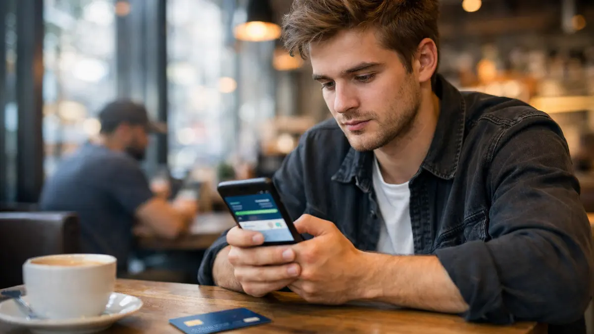 Jeune adulte consultant une application bancaire sur smartphone