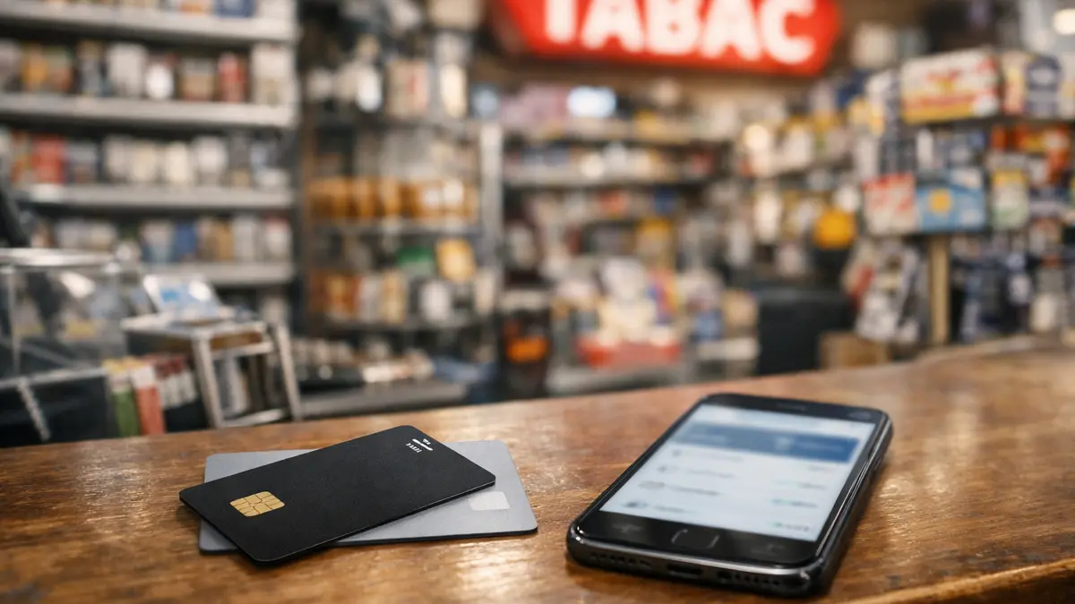 Comptoir de bureau de tabac avec cartes de paiement et smartphone