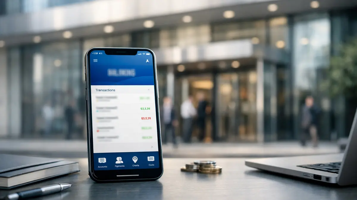 Smartphone avec application bancaire et façade d’une banque en arrière-plan