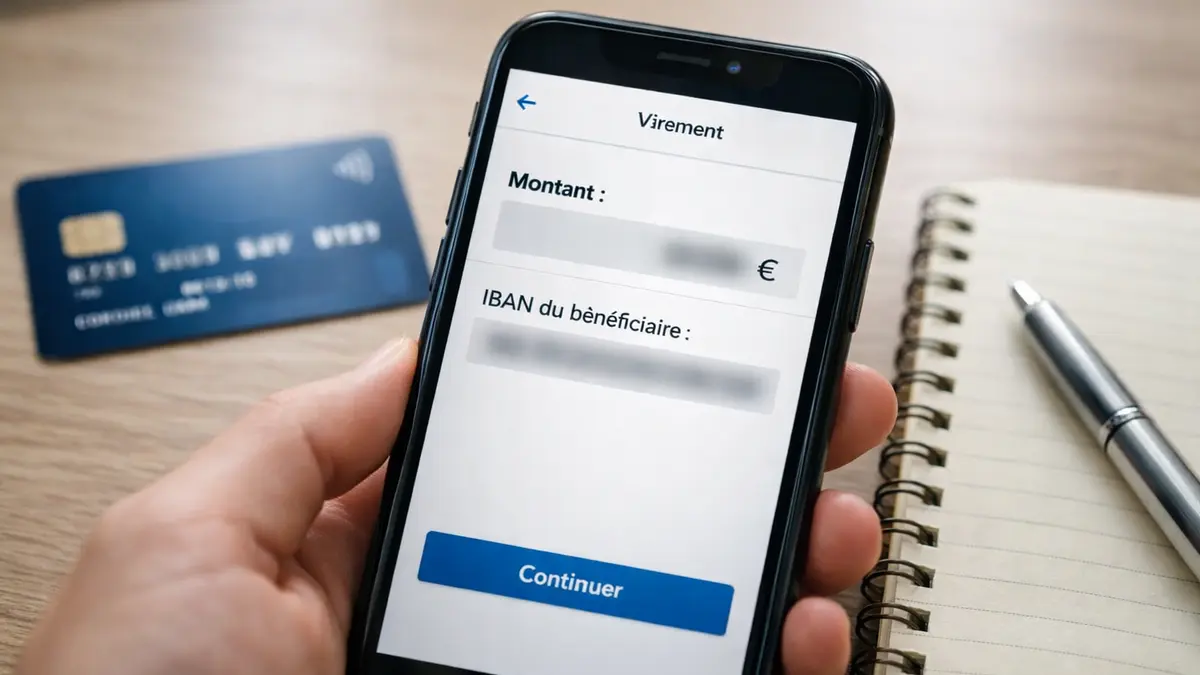 Écran de virement bancaire sur smartphone, IBAN flouté