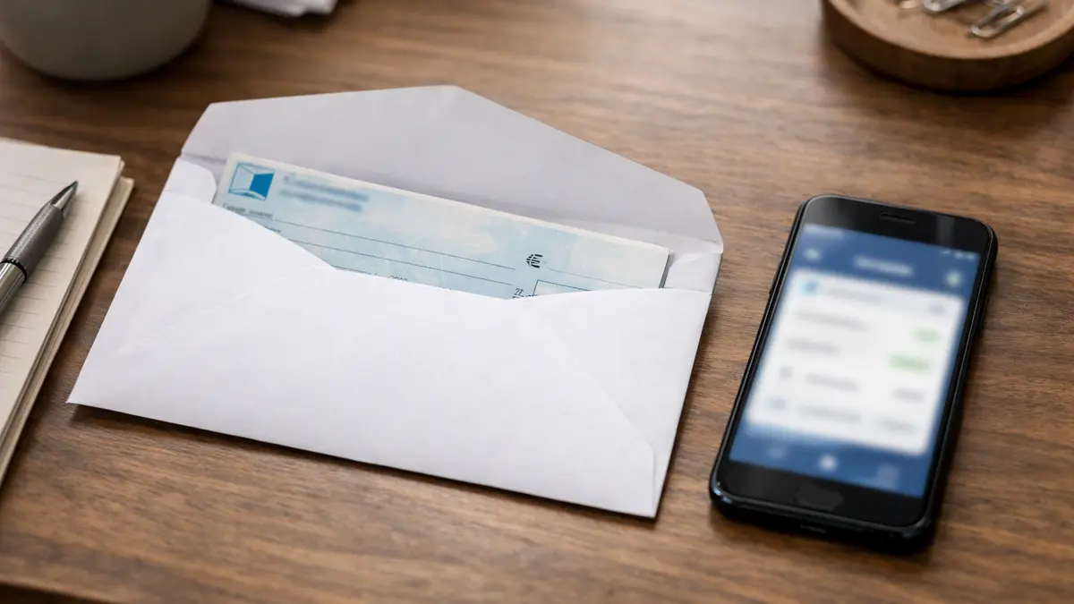 Chèque et enveloppe à envoyer pour un dépôt en banque en ligne