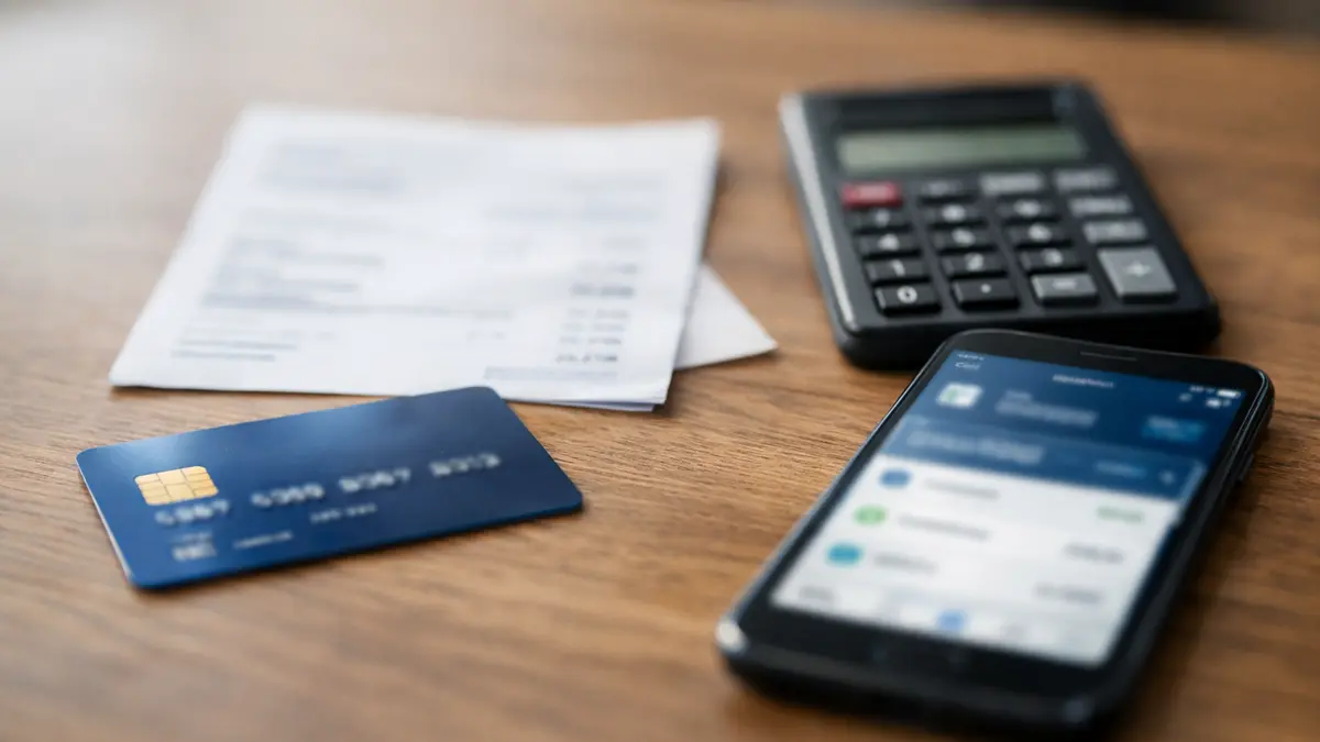 Carte bancaire, calculatrice et smartphone sur un bureau
