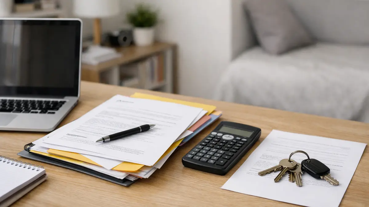 Bureau dans un studio étudiant avec documents de rentrée