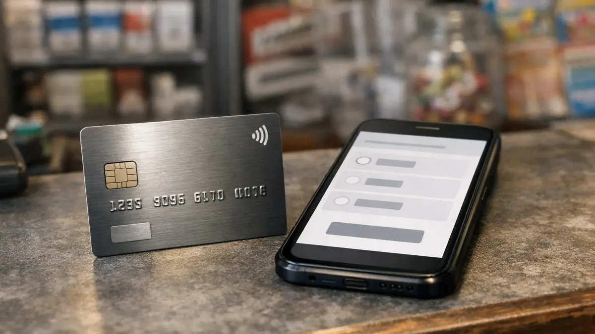 Carte bancaire sur un comptoir, à côté d’un smartphone