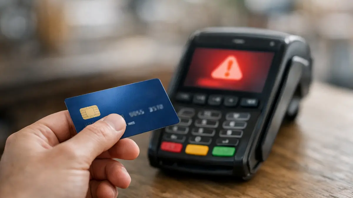 Carte bancaire devant un terminal de paiement refusé