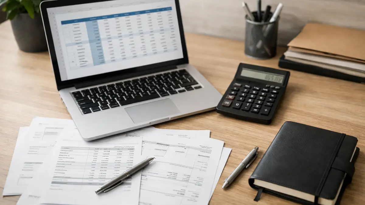 Bureau d’un micro-entrepreneur avec calculatrice et documents