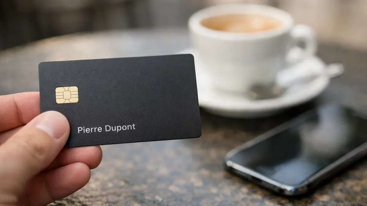 Carte Revolut sans numéros visibles posée en terrasse