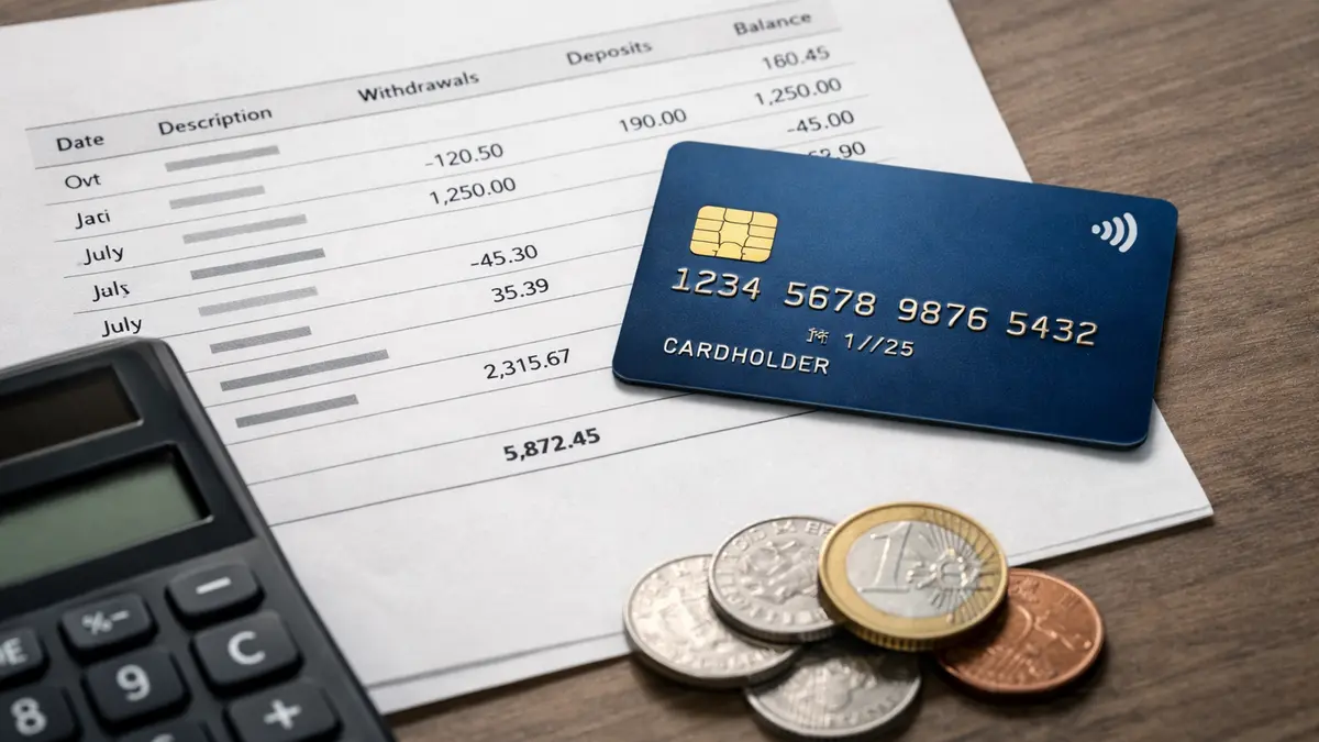 Carte bancaire et calculatrice illustrant le solde d’un compte courant