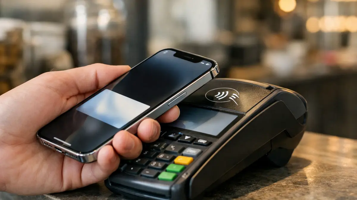 Un iPhone présenté devant un terminal de paiement sans contact
