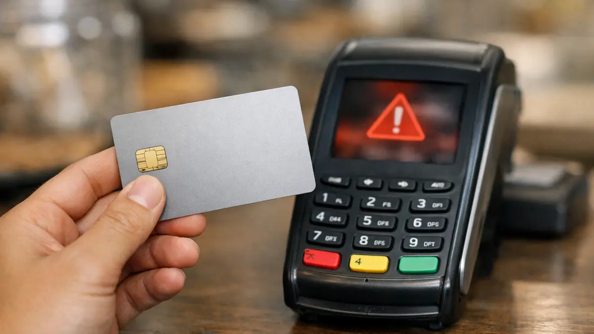 Carte bancaire devant un terminal de paiement refusant la transaction