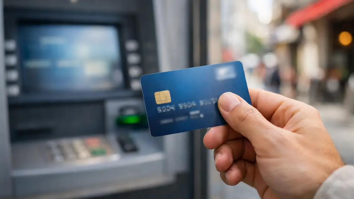 Carte bancaire utilisée devant un distributeur à l’étranger