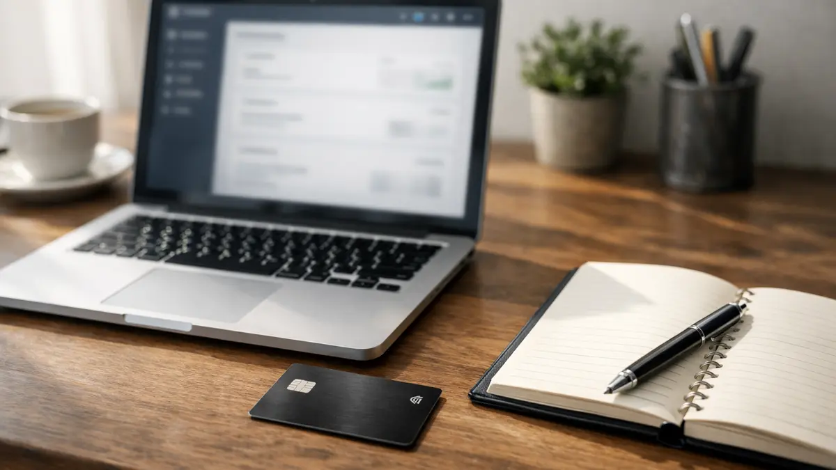 Carte bancaire et ordinateur sur le bureau d’un micro-entrepreneur