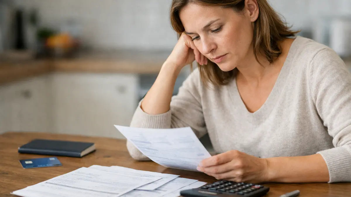 Personne examinant des relevés et frais bancaires à domicile