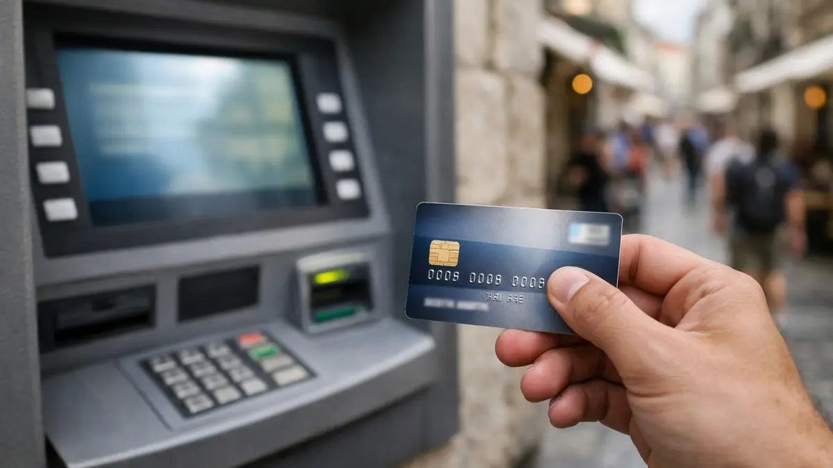 Carte bancaire utilisée devant un distributeur à l’étranger