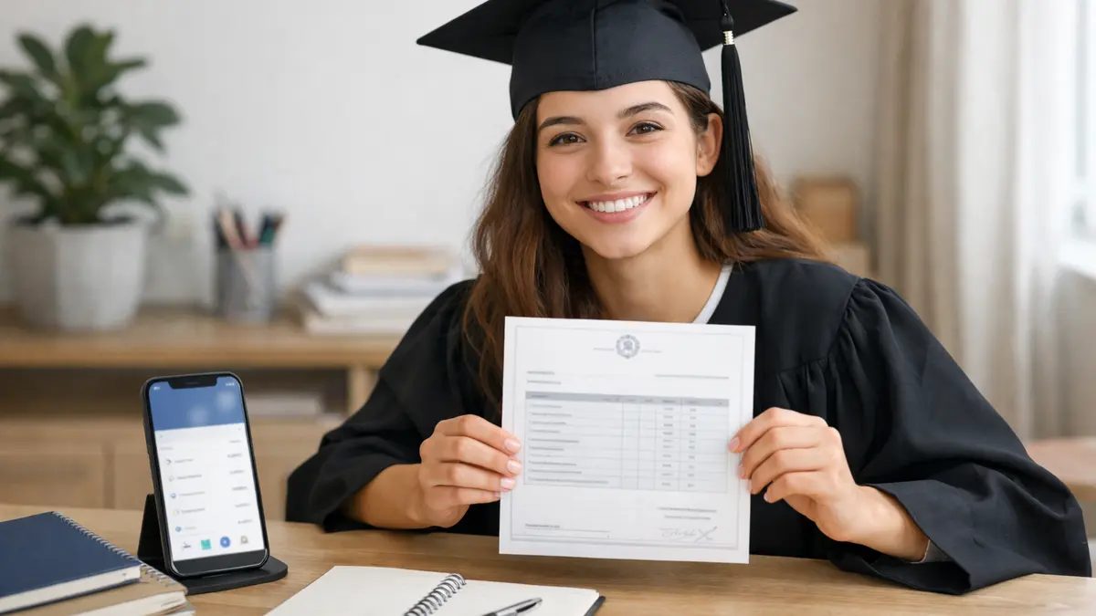 Jeune bachelier consultant une application bancaire après les résultats