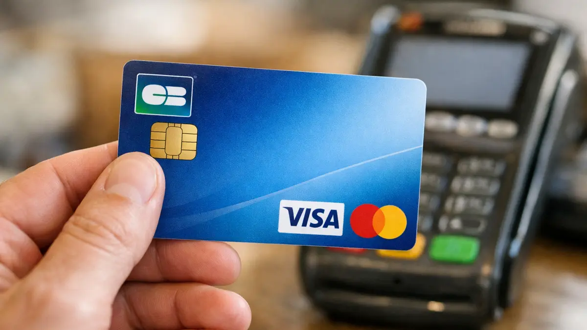 Carte bancaire co-badgée CB et Visa près d’un terminal de paiement