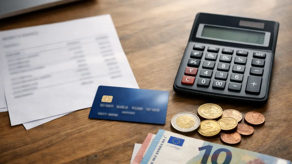 Carte bancaire, calculatrice et euros sur un bureau