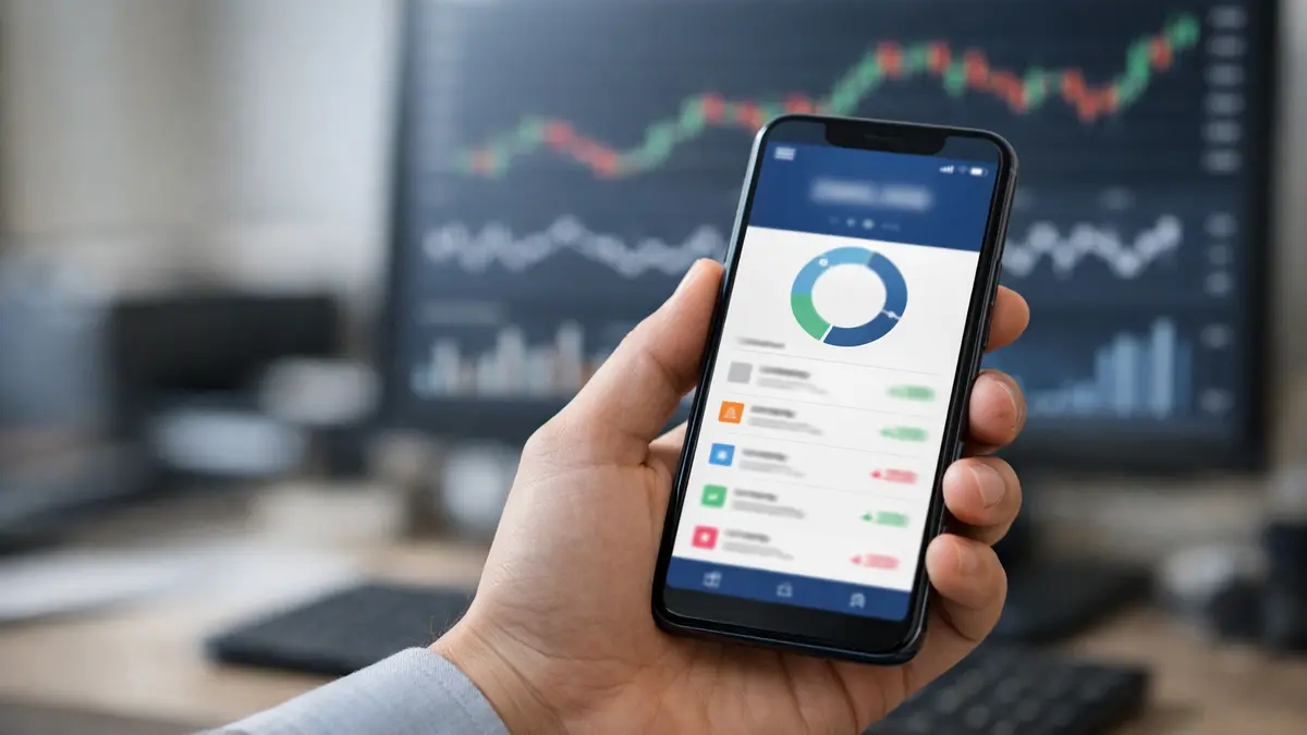 Un smartphone affichant une application financière sur fond de bureau