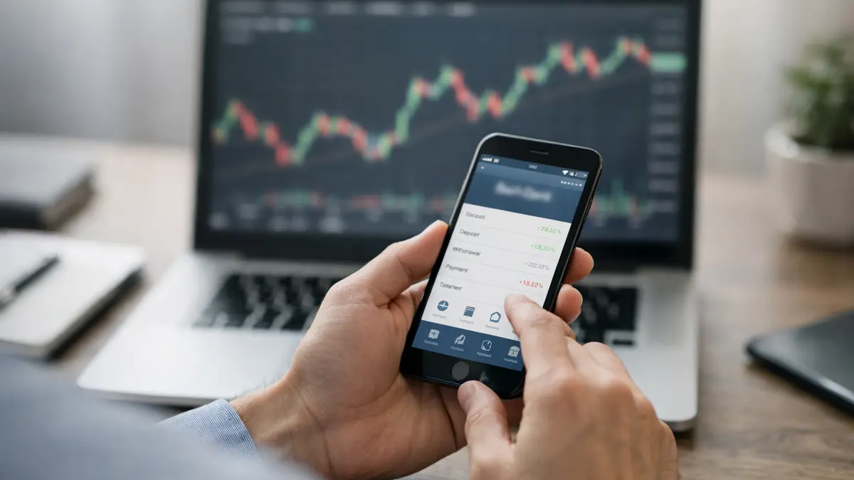 Smartphone affichant une application de banque en ligne sur fond de bureau