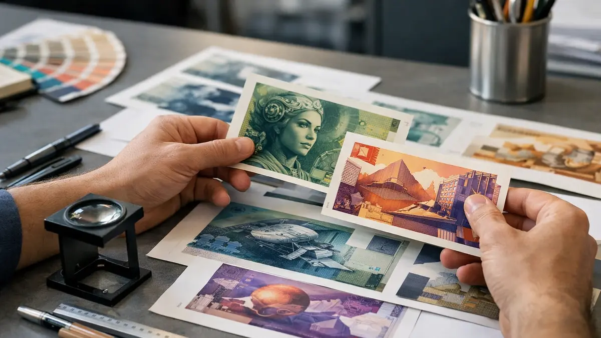 Maquettes de billets et outils de design sur un bureau