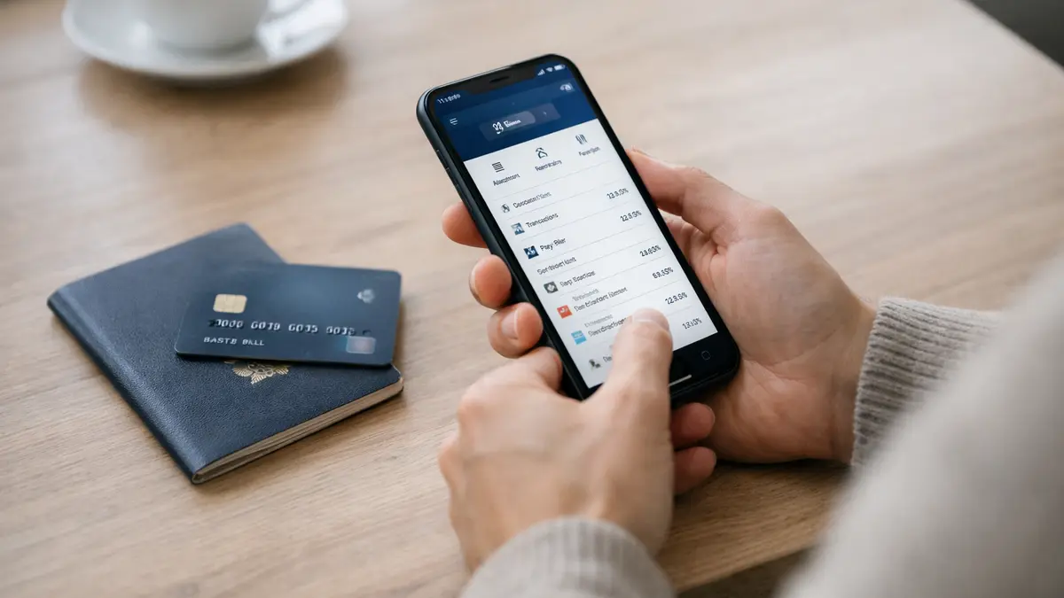 Smartphone affichant une application bancaire avec carte et passeport