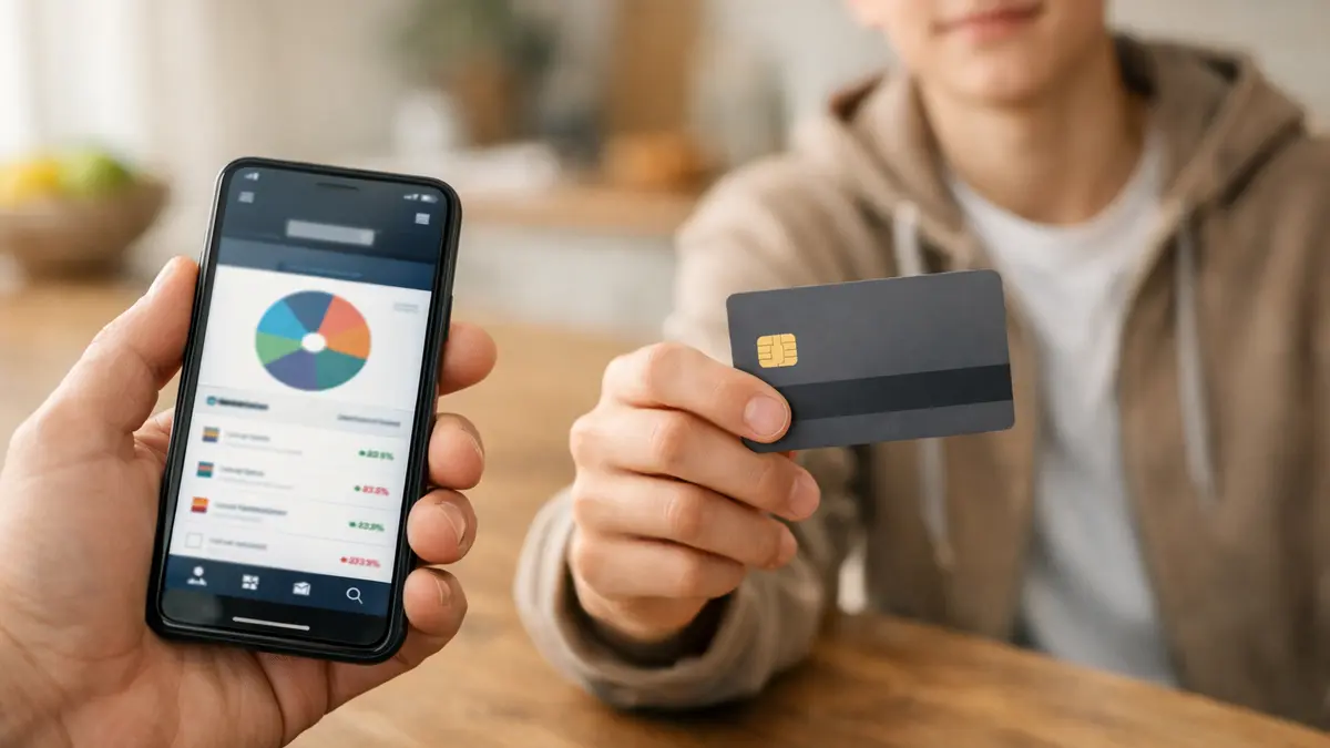 Parent et adolescent utilisant une appli bancaire et une carte