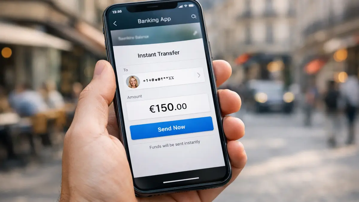 Smartphone affichant un virement instantané via numéro mobile