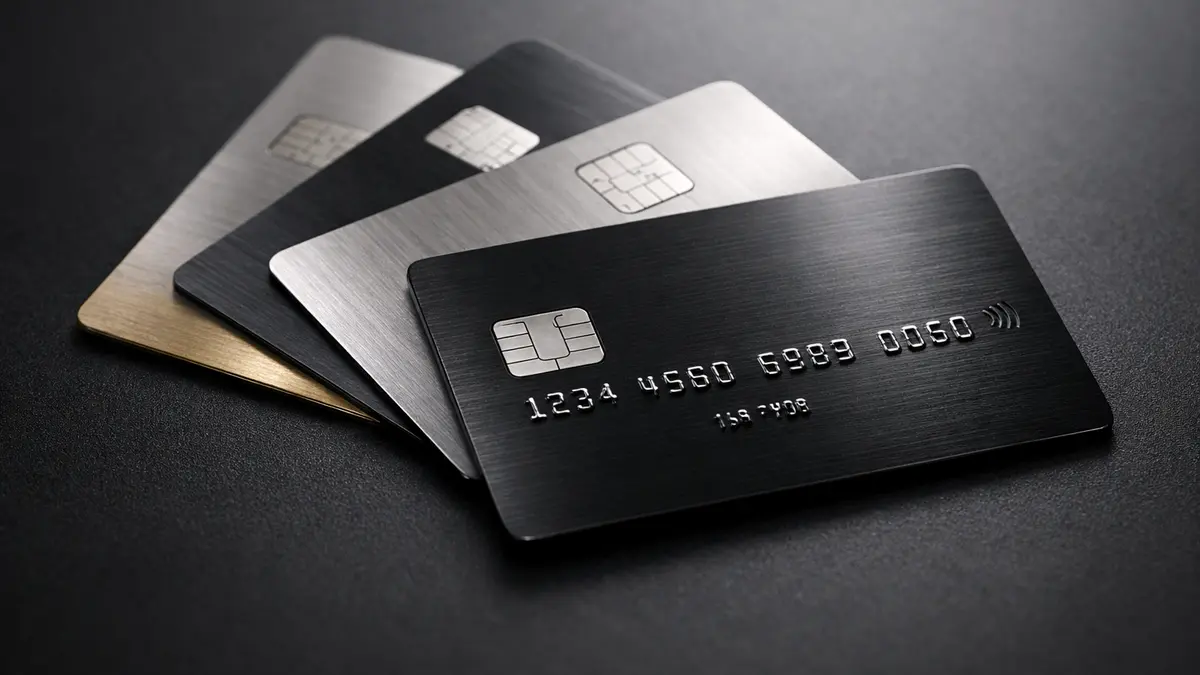 Cartes bancaires métalliques posées sur une surface sombre