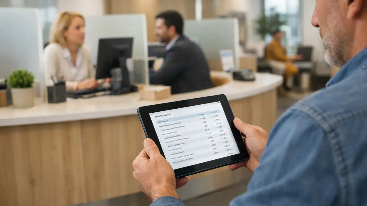 Intérieur d’une agence bancaire avec consultation de tarifs