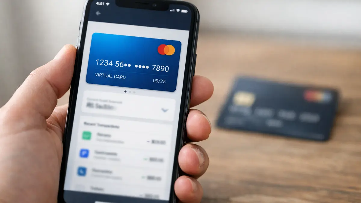 Smartphone affichant une carte bancaire virtuelle pour payer en ligne