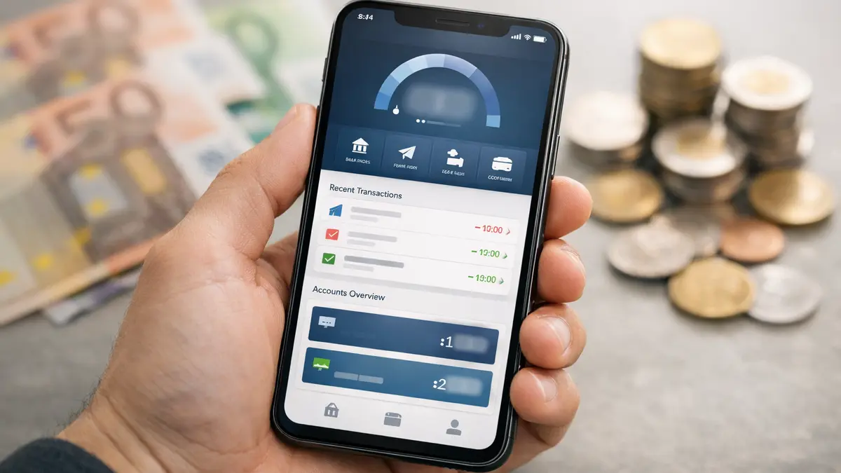 Smartphone avec application bancaire et euros en arrière-plan