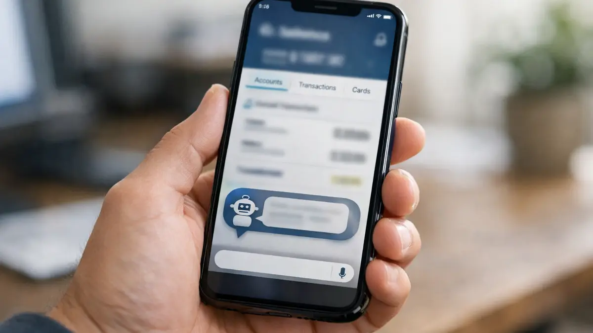 Smartphone avec assistant IA dans une application bancaire