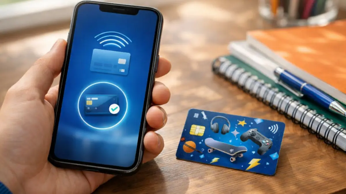 Un adolescent utilise le paiement mobile sur smartphone avec une carte bancaire